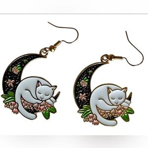 Bohemian Crescent Moon Floral Cat Earrings